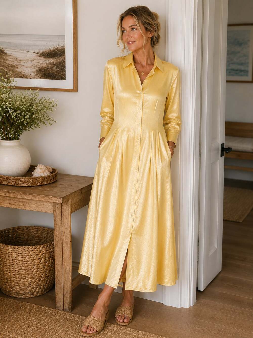 Everlane Yellow Satin Shirt Dress Textured Midi Button Front Size 2